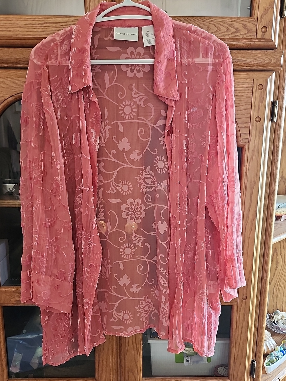 Alfred Dunner Pink Sheer Floral Button-Down Shirt